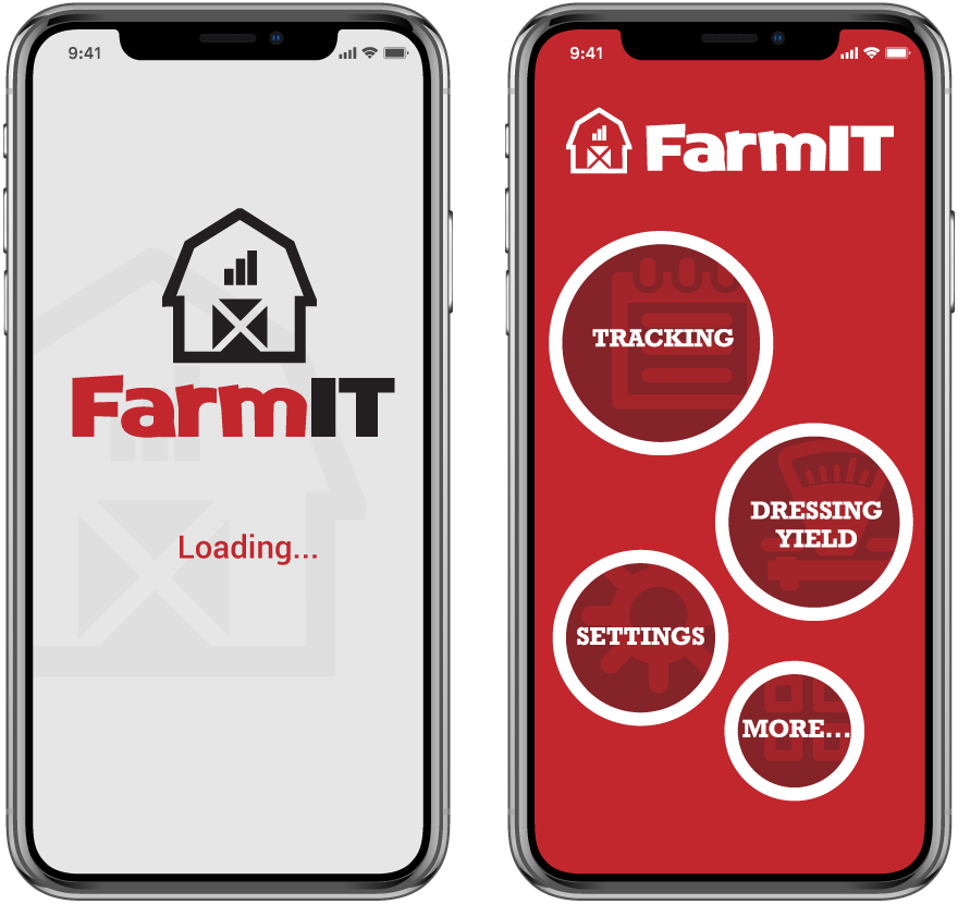 Picture of the FarmIT splash screen and home screen on two iPhones