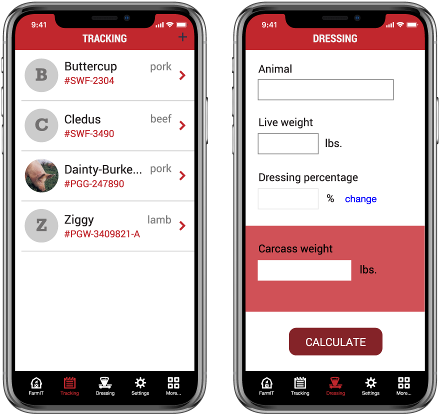 Picture of the FarmIT tracking screen and dressing screen on two iPhones