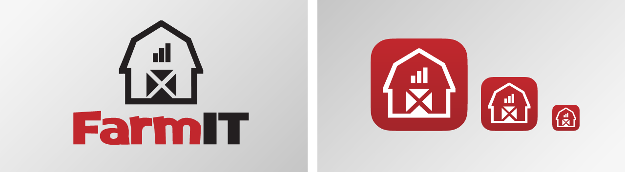 Collage of the FarmIT application screens, FarmIT logo and application icon