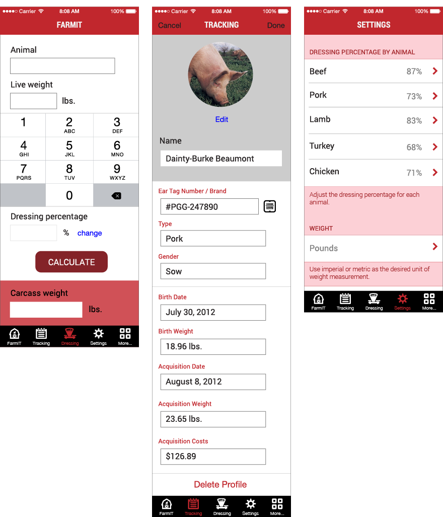 Picture of the FarmIT tracking screen, settitngs and calculate screens