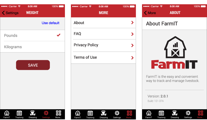 Picture of the FarmIT weight and settitngs screens