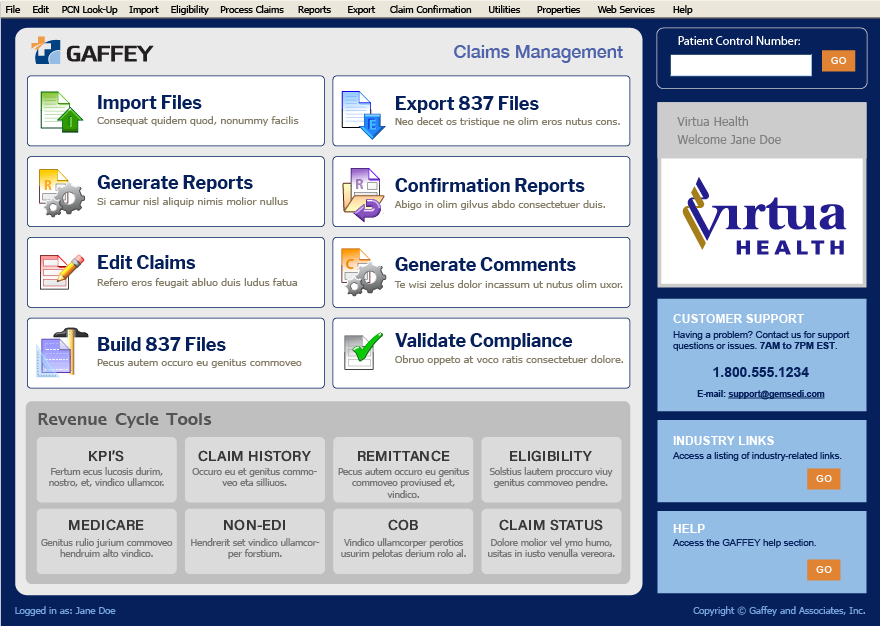 Gaffey Claims Management application dashboard Screen capture of the Gaffey Claims Management application dashboard