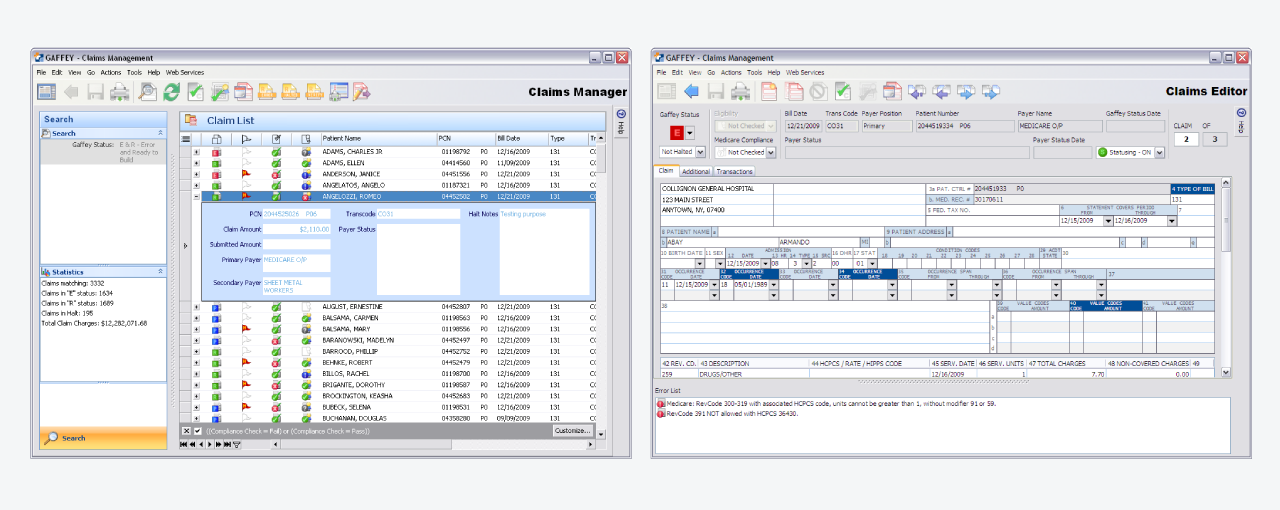 Gaffey Claims Management console and claims editor screens Screen capture of the Gaffey Claims Management application claims management console