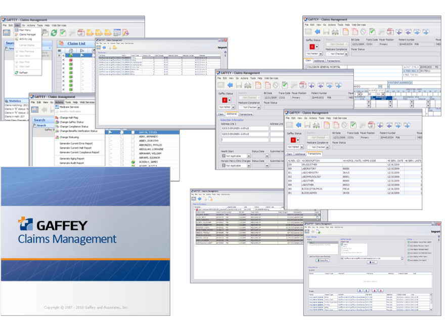Gaffey Claims Management application screens Collage of screen captures of the Gaffey Claims Management application