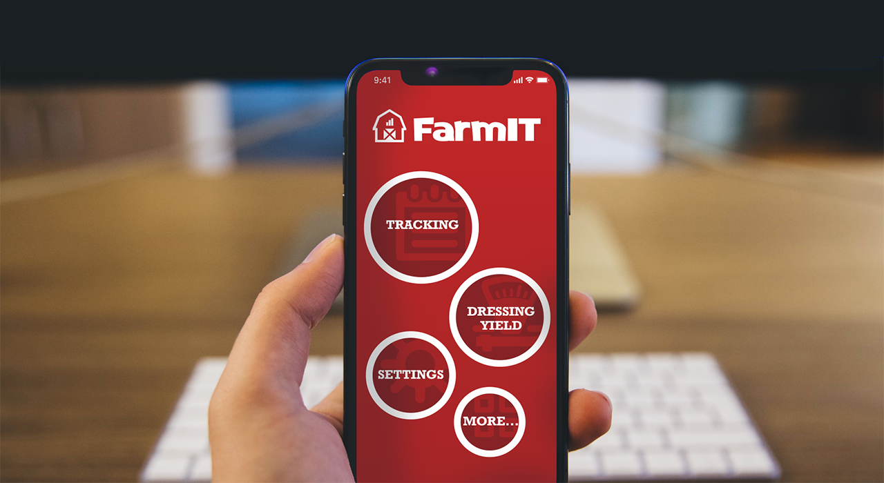 A picture of a mobile phone with the FarmIT Mobile application displayed